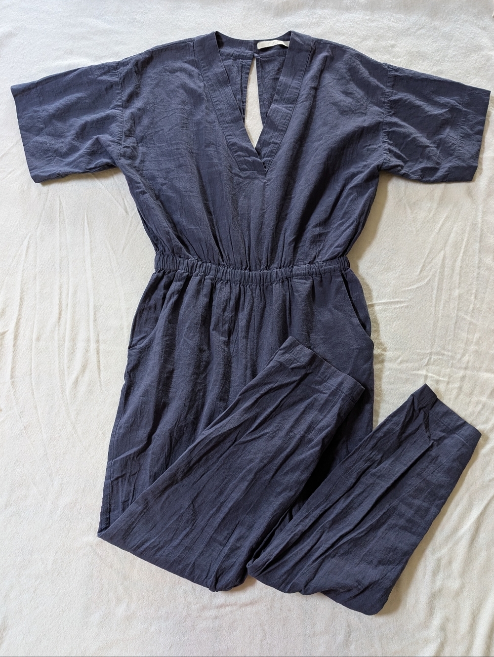 7115 By Szeki V-Neck Linen Blend Jumpsuit with Elastic Waist